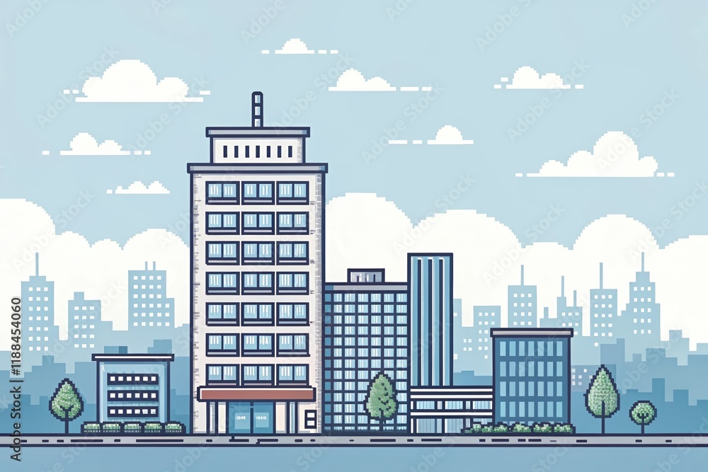 Obraz premium cute office building with city scape, pixel art illustration background