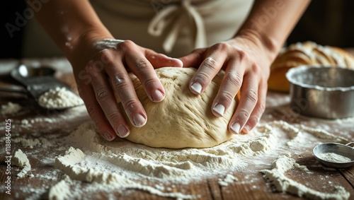 Close-Up of Hands Kneading Dough on a Floured Surface with Baking Tools photo