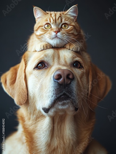 Cat on Dog's Head Home Pet Photography Indoor Close-Up Patience and Friendship