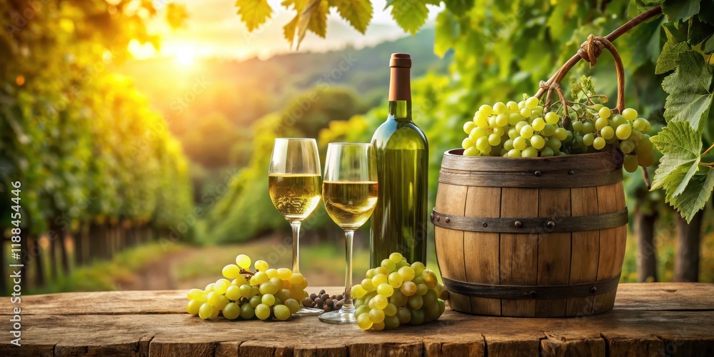 Fototapeta premium Rustic wine cellar scene with bottles and wineglasses surrounded by lush green grapes and a wooden barrel in a rural countryside setting, bottle, countryside