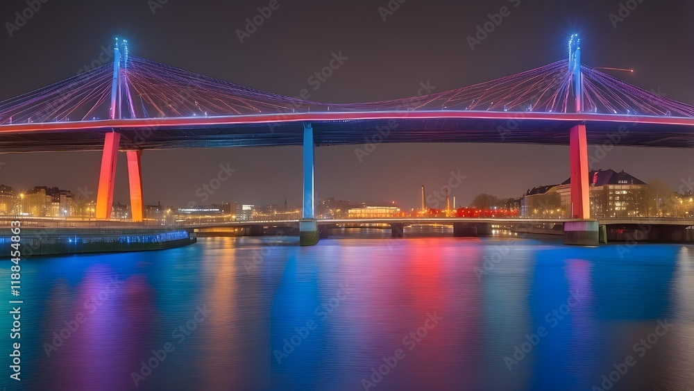 Fototapeta premium A stunning night view of the illuminated Willemsbrug Bridge in Rotterdam, Netherlands, with beautiful long exposure light trails creating a mesmerizing effect. 