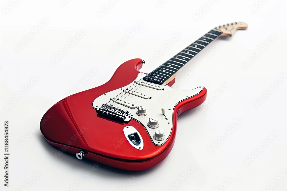 High Resolution Visual of Red Electric Guitar with White Backdrop High Resolution Visual of Red Electric Guitar with White Backdrop