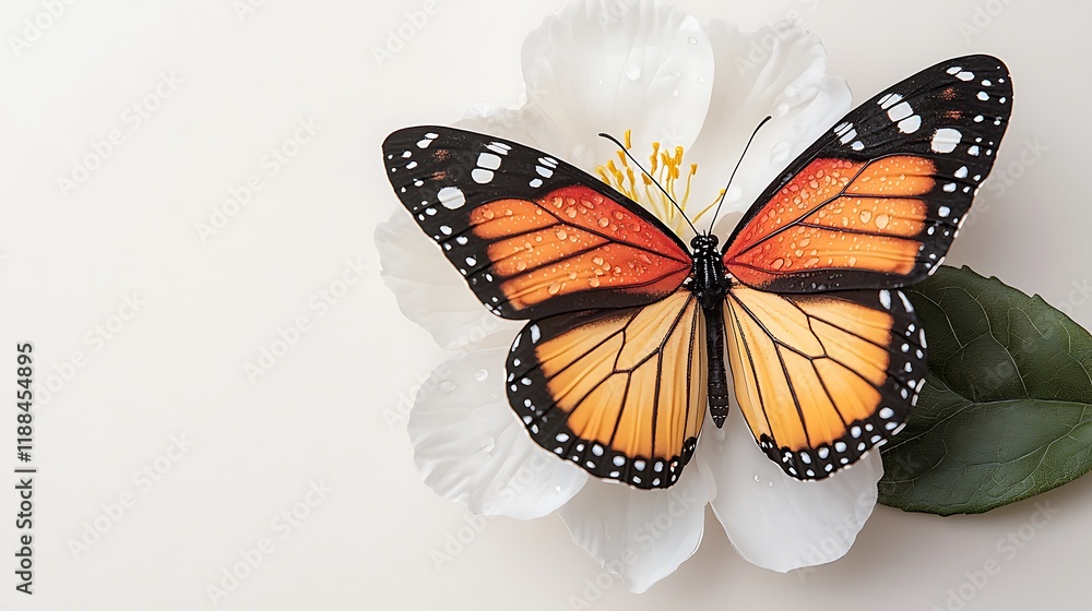 Obraz premium A vibrant butterfly rests on a delicate white flower, showcasing striking orange and black wings against a soft background.