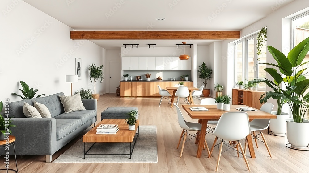 Modern Open Living Dining Room with Gray Sofa and Wood Tables Modern Open Living Dining Room with Gray Sofa and Wood Tables