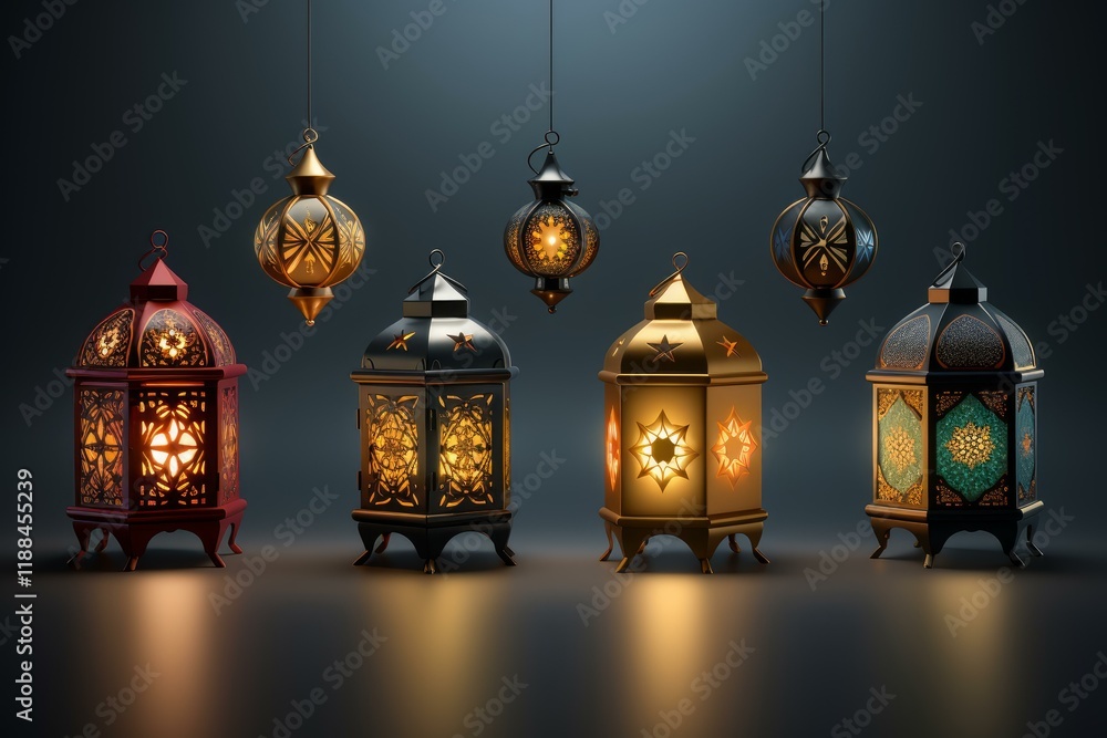 Fototapeta premium Traditional islamic lanterns glowing softly, creating a warm and inviting atmosphere for holy occasions