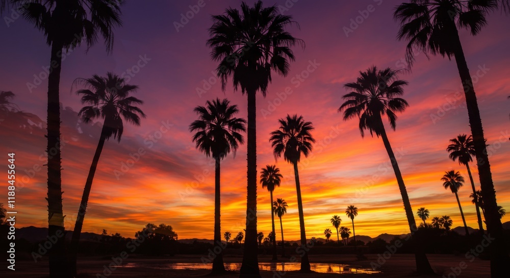 Ramadan Sunset Serenity Palm Trees Against a Vibrant Sky in Nature's Embrace Ramadan Sunset Serenity Palm Trees Against a Vibrant Sky in Nature's Embrace