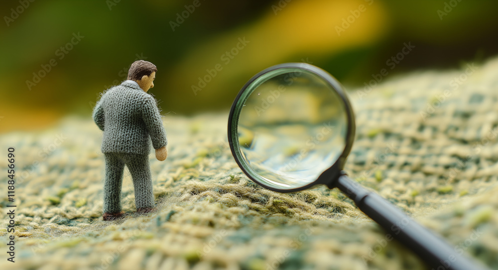Fototapeta premium Felt Miniature Businessman and Magnifying Glass