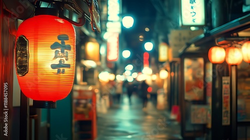 Illuminated Japanese Lantern Adorns Night Street Scene
