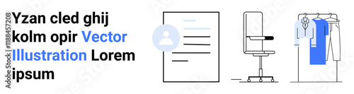 Document with profile photo, office chair and clothes on rack. Ideal for office setup, productivity, organization, workplace essentials, home office, coworking spaces business culture. Landing page