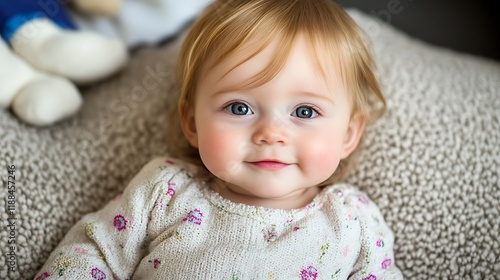 Adorable Baby Girl With Bright Blue Eyes Smiling