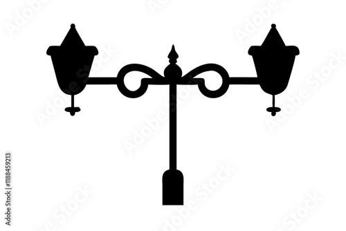 Simple black silhouette of an ornate street lamp post.