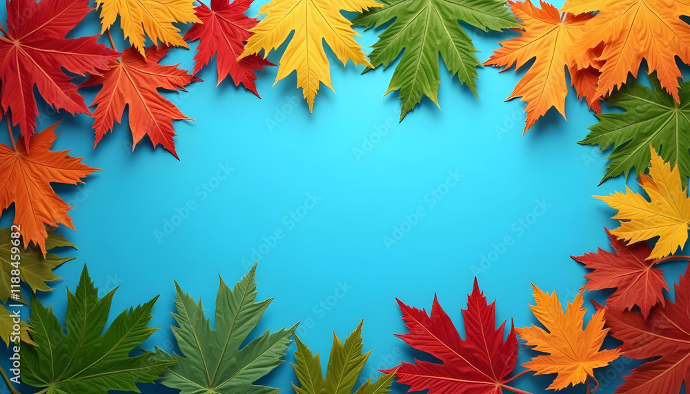 Colorful seasonal foliage on blue background creates vibrant autumn scene. mix of red, orange, yellow, and green leaves adds warmth and beauty Colorful seasonal foliage on blue background creates vibrant autumn scene. mix of red, orange, yellow, and green leaves adds warmth and beauty