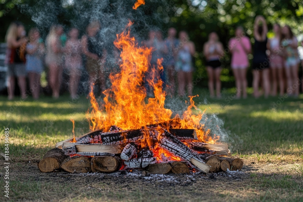 Bonfire with Burning Wood and People Standing Around, Summer Evening Party, Warm Glow, Outdoor Celebration, Blurred Background