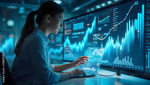 woman analyzes data on multiple screens, showcasing futuristic business concepts