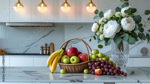 Modern Kitchen with White Cabinets, Marble Island, and Elegant Decor photo