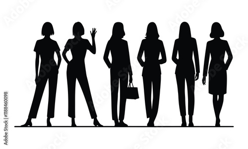 Vector silhouettes of women, a group of standing different pose with white background