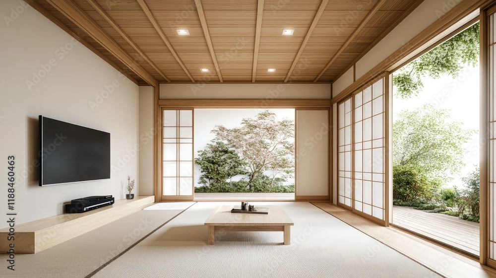 Fototapeta premium Modern Living Room Interior with Wooden Ceiling and White Walls, Wall-Mounted TV Stand, Sliding Doors to Terrace, Minimalist Japanese House Design