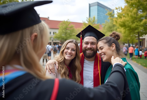 Graduation celebration with friends and family, joyful moments captured outdoors. Smiles and pride shine through as they commemorate this photo