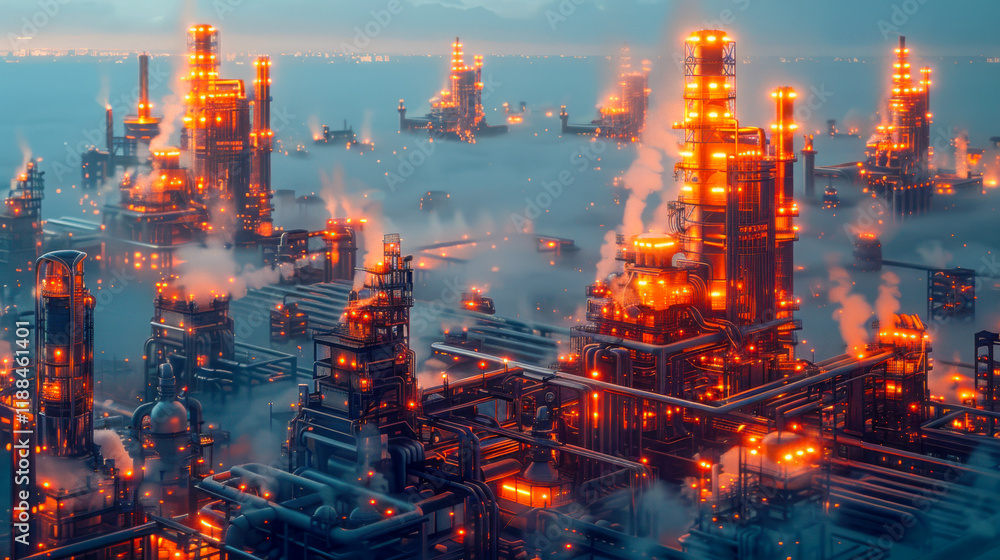 Fototapeta premium Industrial complex illuminated at dusk with smoke rising from multiple towers and pipes against a vibrant sky