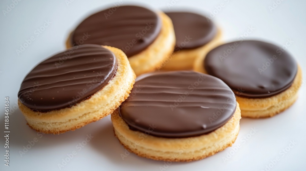 Close-up of five chocolate-covered biscuits stacked on a white background. Close-up of five chocolate-covered biscuits stacked on a white background.