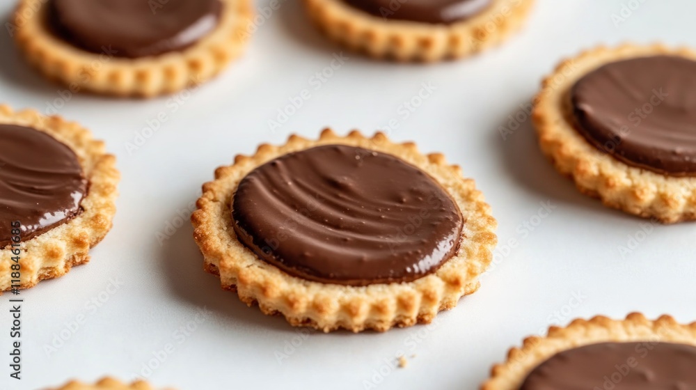 Close-up of several round chocolate-topped biscuits on a white background.