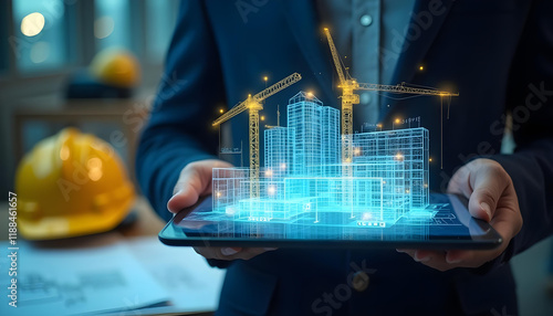 Fototapeta Naklejka Na Ścianę i Meble -  person holds tablet displaying futuristic construction project with cranes and buildings. scene conveys innovation and technology in architecture