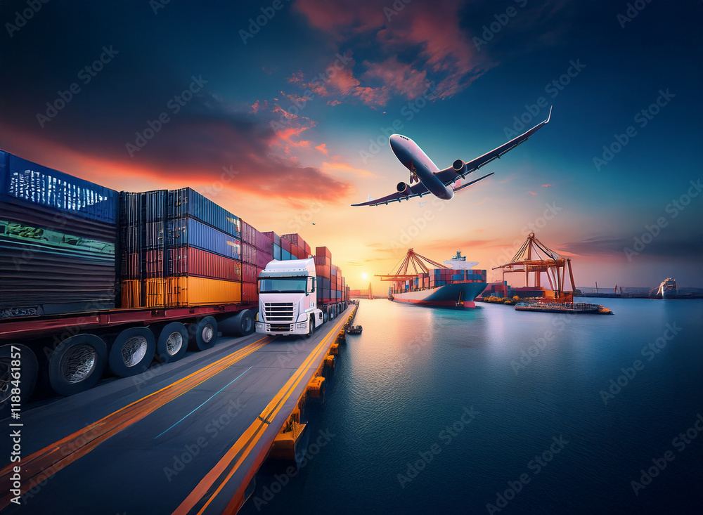 A vibrant sunset illuminates a bustling port.  A truck carrying shipping containers drives towards a cargo ship and airplane, showcasing global trade and logistics.