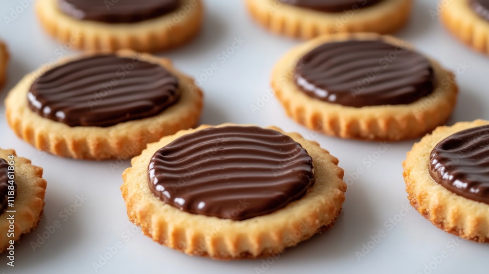 Close-up of several delicious chocolate-topped shortbread cookies on a white background. Close-up of several delicious chocolate-topped shortbread cookies on a white background.
