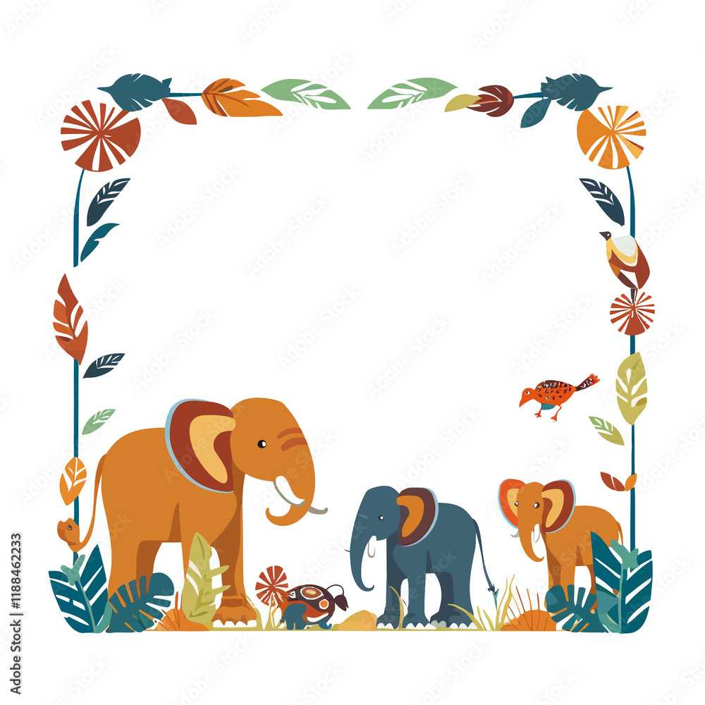 Fototapeta premium Natural forest cartoon elephant frame white background
