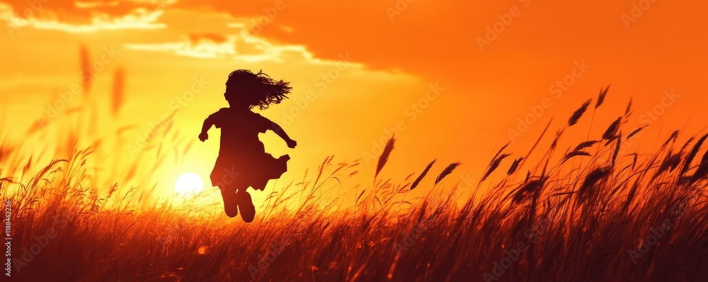Silhouette of a child running through a golden field at sunset. Silhouette of a child running through a golden field at sunset.