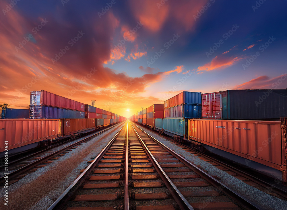 Obraz premium A vibrant sunset casts a warm glow over a long freight train carrying numerous colorful cargo containers along a railway track. The scene depicts global trade and transportation.