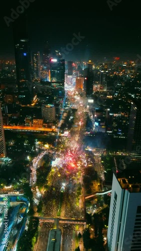 New Year, firework in city 4K footage drone potrait | Jakarta 