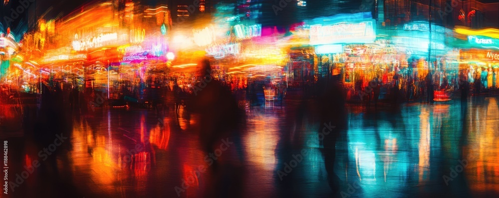 Fototapeta premium Vibrant neon city lights reflecting on wet streets at night.