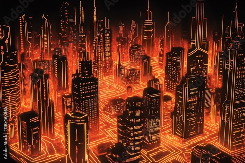 Futuristic city ablaze, circuit board design.