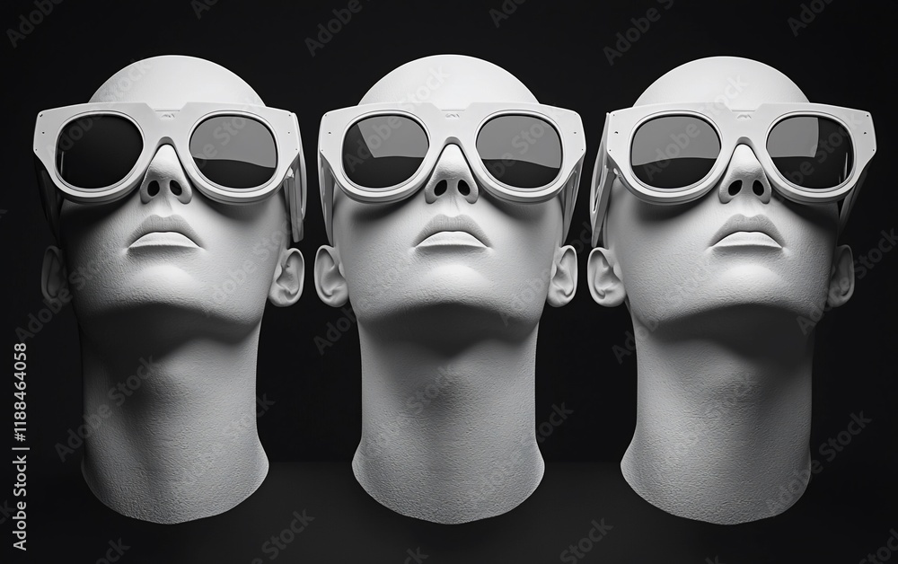 Fototapeta premium Three mannequin heads wearing oversized sunglasses.