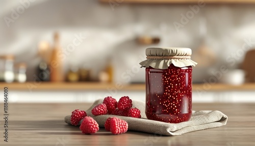 Raspberry jam jar mockup with label on rustic kitchen counter photo