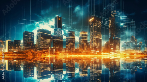 Wallpaper Mural Vibrant city skyline at dusk with futuristic digital effects reflecting on water surface Torontodigital.ca