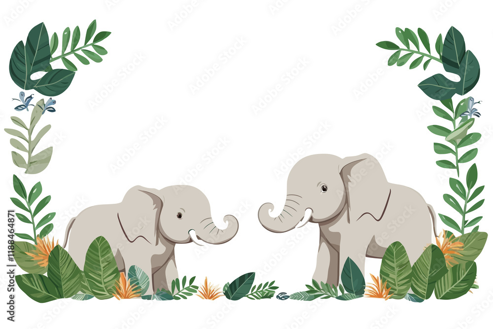 Naklejka premium Natural forest cartoon elephant frame white background