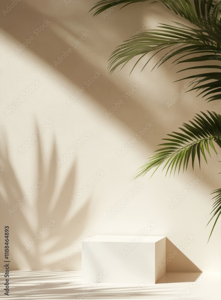 Minimalist beige background with white cube, palm leaf shadow, and sunlight.