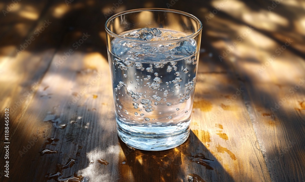 Sparkling water glass, outdoors, sunlight, wood table. Refreshing drink, summer Sparkling water glass, outdoors, sunlight, wood table. Refreshing drink, summer