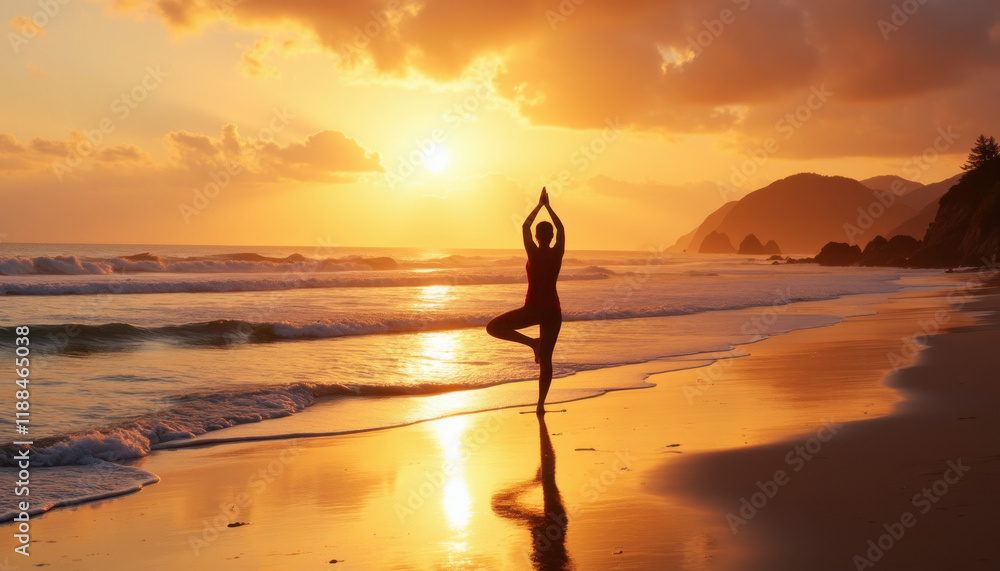 Woman practicing yoga at sunset on the beach, connecting with nature