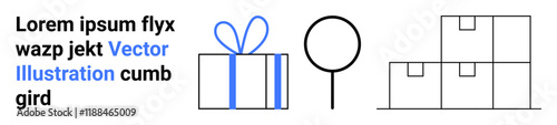 Gift box with bow, round lollipop, and stacked boxes with sample text in Latin placeholder text. Ideal for e-commerce, holiday promotions, logistics, packaging, candy stores, retail party planning