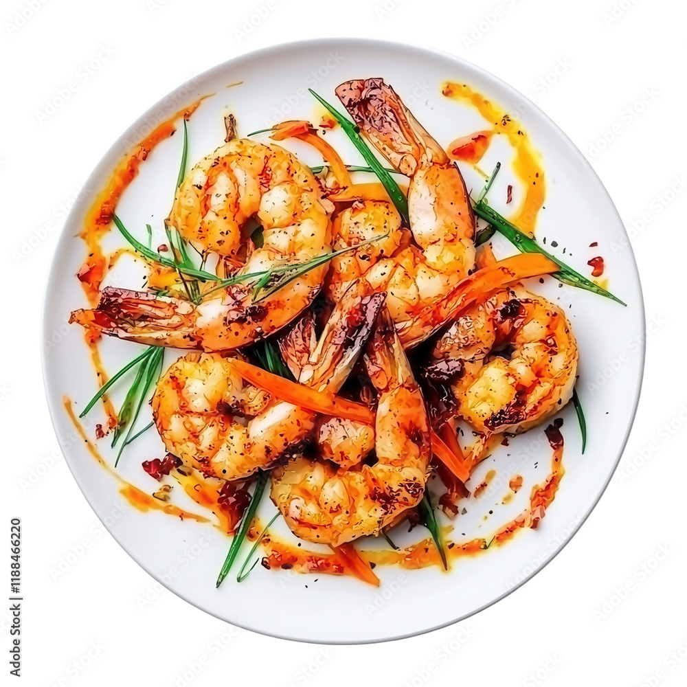 Grilled shrimp dish gourmet kitchen food bright lighting close-up transparent background Grilled shrimp dish gourmet kitchen food bright lighting close-up transparent background