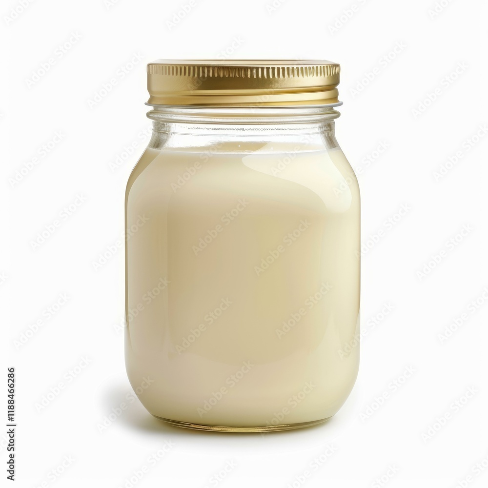 Glass jar full of mayonnaise with golden metal lid isolated on white background Glass jar full of mayonnaise with golden metal lid isolated on white background