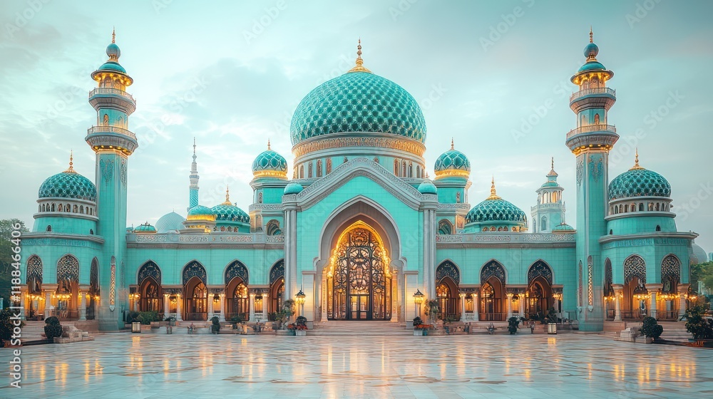 Obraz premium Majestic Teal Mosque at Dusk: Architectural Marvel