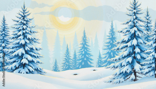Wallpaper Mural Watercolor winter scene with snow-covered pine trees Torontodigital.ca