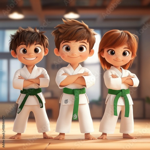 a cartoon animation of kids green karate belt