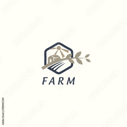 Farming simple logo design vector. Design in hexagon shape combination between rice and house