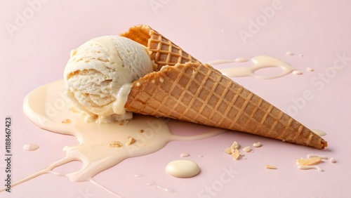 Vanilla ice cream cone  falling on the fall with soft pink background