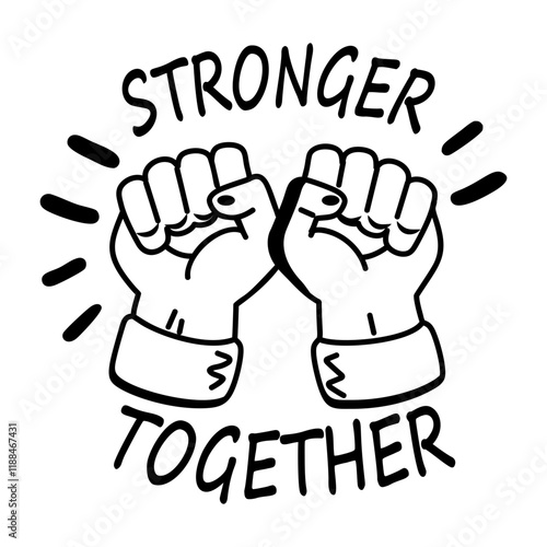 A glyph sticker featuring two fists bumping together with the text stronger together